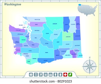 Washington State Map With Community Assistance And Activates Icons Original Illustration