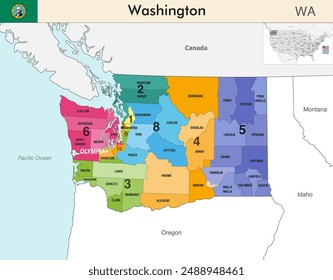 Washington state map with counties borders and colored congressional districts boundaries due to The 2020 United States census and which is valid since 2023. Flag of Washington. Vector