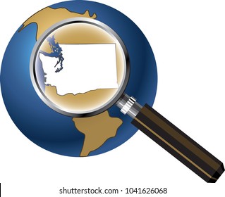 Washington State Map Enlarged with Magnifying Glass on Globe