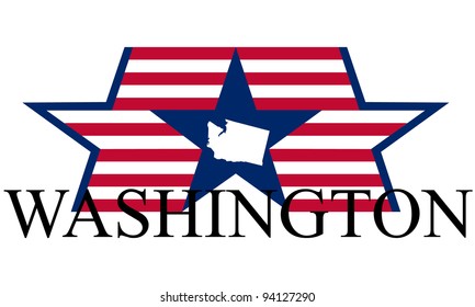 Washington state map, flag, and name.