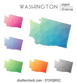 Washington state map in geometric polygonal style. Set of Washington state maps filled with abstract mosaic, modern design background. Multicolored state map in low poly style.