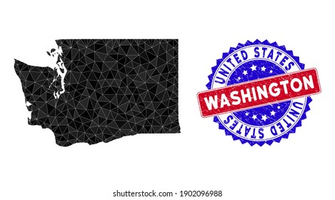 Washington State map polygonal mesh with filled triangles, and scratched bicolor stamp seal. Triangle mosaic Washington State map with mesh vector model, triangles have randomized sizes,