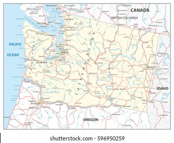 Washington state map with roads, rivers, lakes and highways.