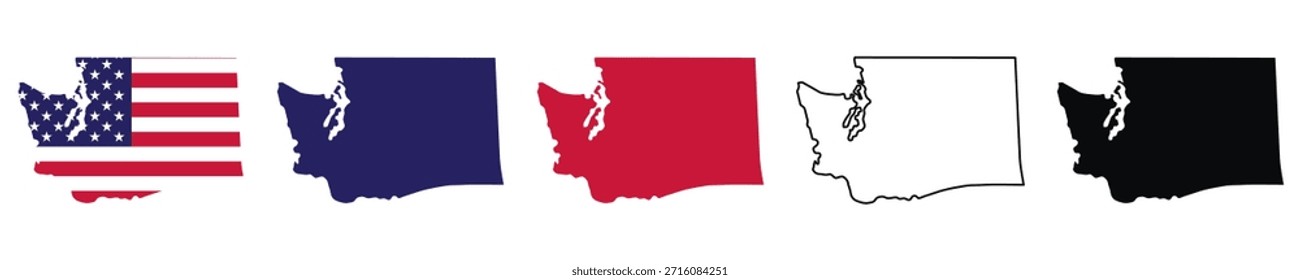 A Washington state map set with USA flag and patriotic design in blue, red, black, outline, and solid fill variations, perfect for state-specific projects, Travel guides, and educational materials