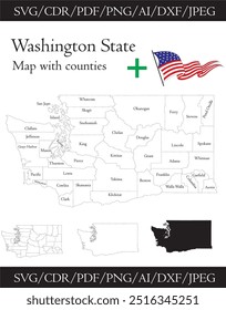 Mapa do estado de Washington delineamento vetorial Washington com silhueta dos condados Arquivo recortado de Washington