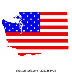 Washington state map vector silhouette illustration. United States of America flag over Washington map. USA, American national symbol of pride and patriotism. Vote election campaign banner.