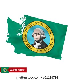 Washington state map with waving flag of US State. Vector illustration.
