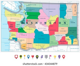 Washington state political map and flat icon set