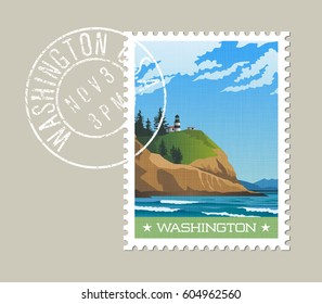 Washington State Postage Stamp Design. Vector Illustration Of Rugged Shoreline And Lighthouse. Cape Disappointment State Park. Grunge Postmark On Separate Layer.