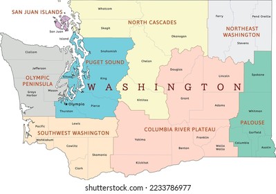 Washington state regions map with counties. Colored. Vectored