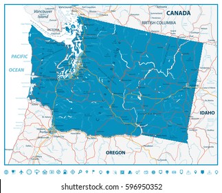 Washington state road map with rivers, lakes and highways.