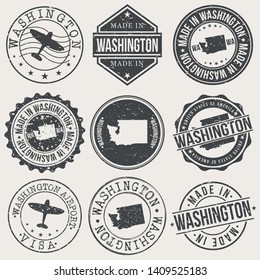Washington State Set Of Stamps. Travel Stamp. Made In Product. Design Seals Old Style Insignia.