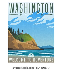 Washington State travel poster or sticker. 
Vector illustration of rugged shoreline and lighthouse. Cape Disappointment State Park.