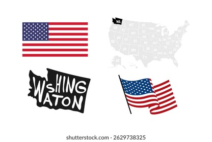 Washington State. USA flag. Map of the USA