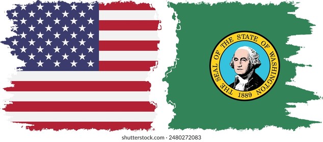 Washington state and USA grunge flags connection, vector