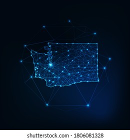 Washington state USA map glowing silhouette outline made of stars lines dots triangles, low polygonal shapes. Communication, internet technologies concept. Wireframe futuristic vector illustration