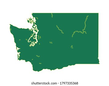 Washington state USA outline map vector illustration with border line. Green  and yellow colors. Isolated on white background 
