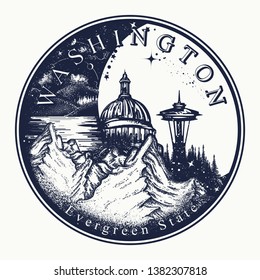 Washington. Tattoo and t-shirt design. Welcome to Washington (USA).  Evergreen State slogan. Travel concept 