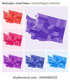 Washington, United States. Map collection. State shape. Colored counties. Deep Purple, Red, Pink, Purple, Indigo, Blue color palettes. Border of Washington with counties. Vector illustration.