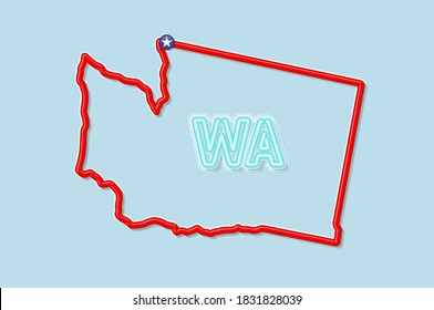 Washington US state bold outline map. Glossy red border with soft shadow. Two letter state abbreviation. Vector illustration.