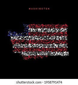 Washington US state flag map, chaotic particles pattern in the colors of the american flag. Vector illustration isolated on black background.