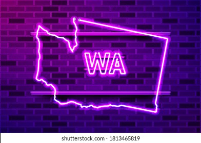 Washington US state glowing neon lamp sign. Realistic vector illustration. Purple brick wall, violet glow, metal holders.