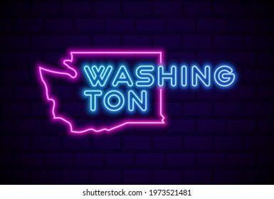 washington US state glowing neon lamp sign Realistic vector illustration Blue brick wall glow