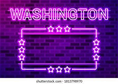 Washington US State glowing purple neon lettering and a rectangular frame with stars. Realistic vector illustration. Purple brick wall, violet glow, metal holders.