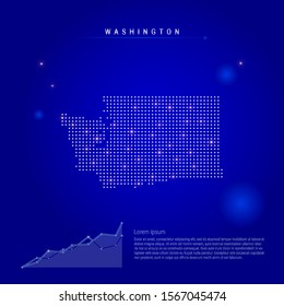 Washington US state illuminated map with glowing dots. Infographics elements. Dark blue space background. Vector illustration. Growing chart, lorem ipsum text.