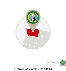 Washington US State map and flag in circle. Map of Washington, Washington flag pin. Map of Washington in the style of the globe. Vector Illustration.