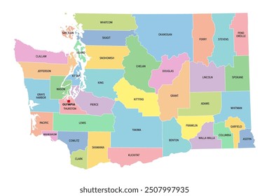 Washington, U.S. state, multi colored political map with borders, county names and capital Olympia. Westernmost state in the Pacific Northwest region of the United States, subdivided into 39 counties.