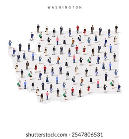 Mapa da população do estado de Washington. Grande grupo de realista uma multidão diversificada de pessoas figuras. Ilustração de vetor plano isolada em branco.