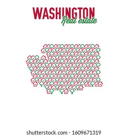 Washington US state realty creative concept. Icons of houses with gardens in the shape of a map of Washington. Vector illustration.
