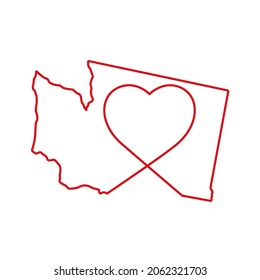 Washington US state red outline map with the handwritten heart shape. Continuous line drawing of patriotic home sign. A love for a small homeland. T-shirt print idea. Vector illustration.