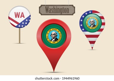 Washington US state round flag. Map pin, red map marker, location pointer. Hanging wood sign in vintage style. Vector illustration. American stars and stripes flag. Two-letter state abbreviation.