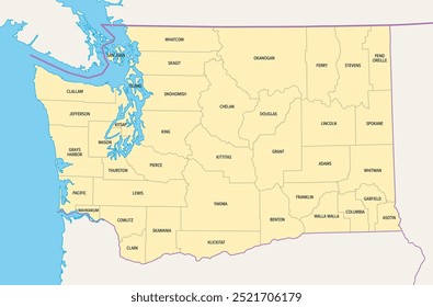 Washington, estado dos EUA, subdividido em 39 condados, mapa político com fronteiras e nomes de condados. O estado mais ocidental na região noroeste do Pacífico dos Estados Unidos, apelidado de The Evergreen State.