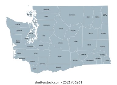 Washington, estado dos EUA subdividido em 39 condados, mapa político cinza com fronteiras e nomes de condados. O estado mais ocidental na região noroeste do Pacífico dos Estados Unidos, apelidado de Estado Evergreen.