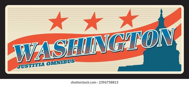 Washington USA american city retro travel plate, tourist sticker. United States of America city tin sign, vector plate with metropolis cityscape, capitol silhouette, flag with stars, US souvenir