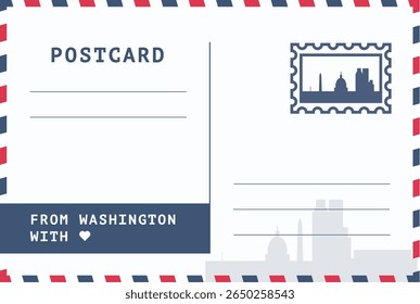 De Washington, modelo de cartão postal dos EUA. Ilustração de cartão-postal vetorial com carimbo, ponto de referência, mensagem. Layout de imagem simples de saudações simples
