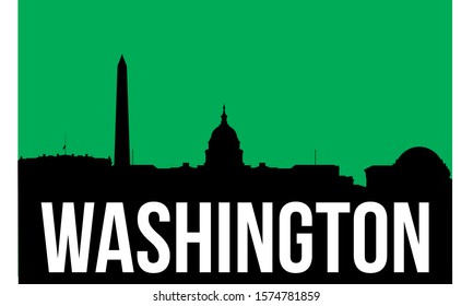 Washington USA skyline and landmarks silhouette, black and white design, vector illustration green background