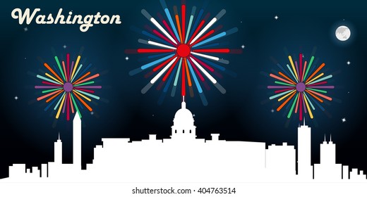 Washington USA skyline silhouette vector design, dark night sky with fireworks