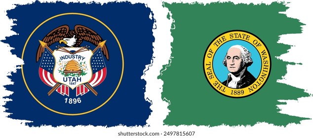 Washington and Utah states grunge brush flags connection, vector