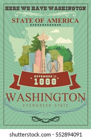 Washington vector american poster. USA travel illustration. United States of America colorful greeting card, Seattle. 