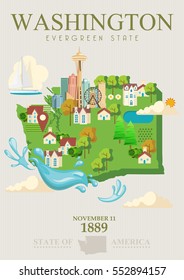 Washington vector american poster. USA travel illustration. United States of America colorful greeting card, Seattle. 