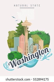 Washington vector american poster. USA travel illustration. United States of America colorful greeting card, Seattle. 