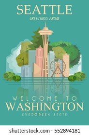 Washington vector american poster. USA travel illustration. United States of America colorful greeting card, Seattle. 