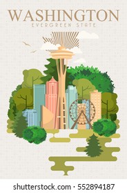 Washington vector american poster. USA travel illustration. United States of America colorful greeting card, Seattle. 