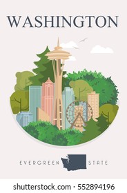 Washington vector american poster. USA travel illustration. United States of America colorful greeting card, Seattle. 