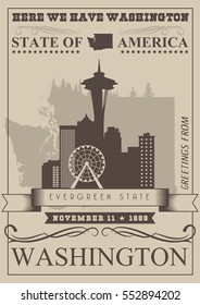 Washington vector american poster. USA travel illustration. United States of America colorful greeting card, Seattle. 