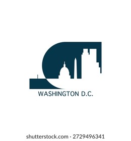 Ícone do vetor de Washington com horizonte, vista panorâmica, forma da cidade. EUA, conceito de logotipo de pontos de referência maiúsculos. Gráfico isolado plano azul, emblema
